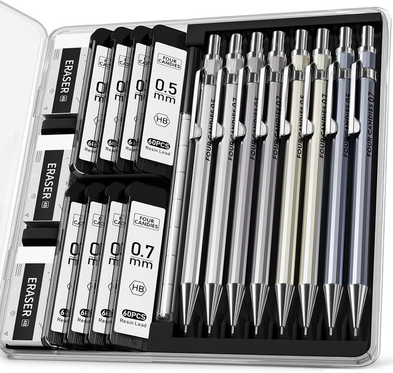 Four Candies 8PCS Metal Mechanical Pencils - 0.5 & 0.7mm with 8 Tubes HB #2 Lead Refills, Eraser Set and Eraser Refills, 20-Count Pack with Case, Lead Pencils Mechanical for Writing, Drawing, Drafting - Image 1